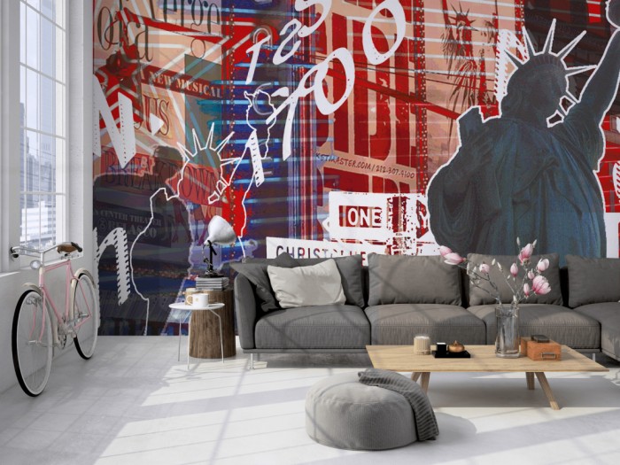 Die Designer-Fototapete Manhattan in New York, Artwork by Mylumi auf einer großen Wand im Loft tapeziert. Die Designer-Fototapete Manhattan in New York, Artwork by Mylumi wird individuell auf Deine Wand angepasst.