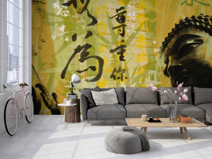 Die Designer-Fototapete Buddha, Artwork by Mylumi auf einer großen Wand im Loft tapeziert. Die Designer-Fototapete Buddha, Artwork by Mylumi wird individuell auf Deine Wand angepasst.