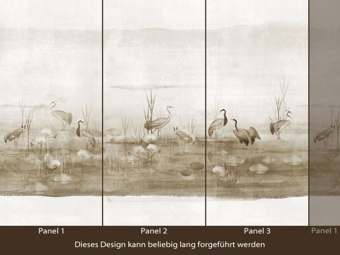 Die beige Kranichtapete Animal Palms Wallpaper mit drei verschiedenen Bahnen.