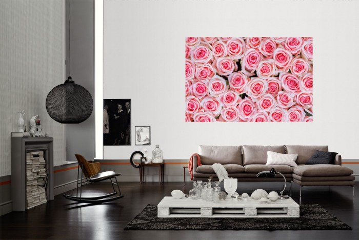 Die Fototapete Rosen in rosa, Blütenmeer als Wandbild im Wohnzimmer. Die Vlies-Fototapete Rosen in rosa, Blütenmeer verschönert als Wandbild Deine Wand.