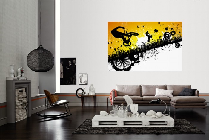 Die Design-Fototapete BMX Fahrer in der Stadt, Artwork für Kinder als Wandbild im Wohnzimmer. Die Vlies-Design-Fototapete BMX Fahrer in der Stadt, Artwork für Kinder verschönert als Wandbild Deine Wand.