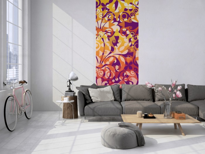 Das Design-Fotopanel Farbenfrohe Ornamente, Artwork tapeziert in einem Loft. Bestelle die Bildtapete für Deine Wand online.