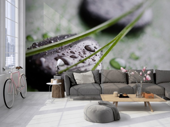 Die Fototapete Wellness, Wellness-Steine auf Blatt auf einer großen Wand im Loft tapeziert. Die Fototapete Wellness, Wellness-Steine auf Blatt wird individuell auf Deine Wand angepasst.