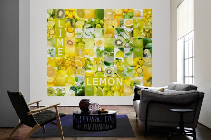 Die Design-Fototapete Zitrone und Früchte, Artwork als große Bildtapete im Wohnzimmer. Als Bildtapete ist die Design-Fototapete Zitrone und Früchte, Artwork ein besonderes Highlight auf Vliestapete.