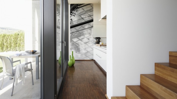 Ein Foto von dem 3D-Fotopanel Fassade aus Glas, Architektur tapeziert in der Küche. Bestelle Deine Bildtapete online.