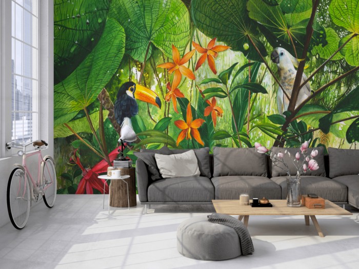 Die Fototapete Dschungel, Kunstwerk Malerei auf einer großen Wand im Loft tapeziert. Die Fototapete Dschungel, Kunstwerk Malerei wird individuell auf Deine Wand angepasst.