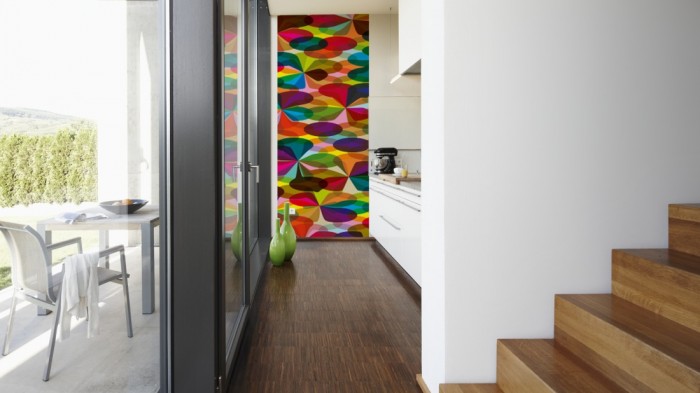 Ein Foto von dem 3D-Design-Fotopanel Bunte Formen, Artwork tapeziert in der Küche. Bestelle Deine Bildtapete online.