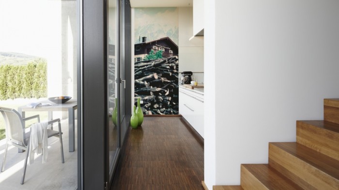 Ein Foto von dem 3D-Fotopanel Blick auf die Berghütte, Vintage tapeziert in der Küche. Bestelle Deine Bildtapete online.