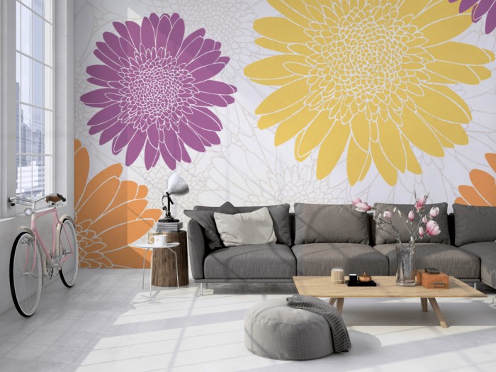 Die Design-Fototapete Blütenmeer, Artwork auf einer großen Wand im Loft tapeziert. Die Design-Fototapete Blütenmeer, Artwork wird individuell auf Deine Wand angepasst.