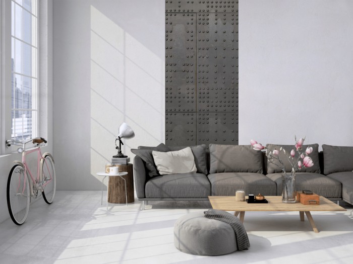 Das 3D-Fotopanel Wand aus Stahl, Metall tapeziert in einem Loft. Bestelle die Bildtapete für Deine Wand online.