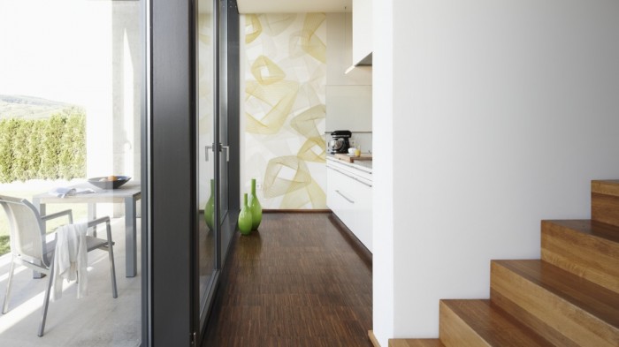 Ein Foto von dem 3D-Design-Fotopanel Plasische Formen Gold, Artwork tapeziert in der Küche. Bestelle Deine Bildtapete online.