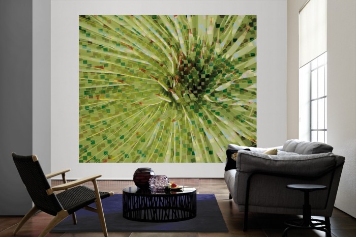 Die Design-Fototapete 3D-Geometrie Blumen Blüte als große Bildtapete im Wohnzimmer. Als Bildtapete ist die Design-Fototapete 3D-Geometrie Blumen Blüte ein besonderes Highlight auf Vliestapete.