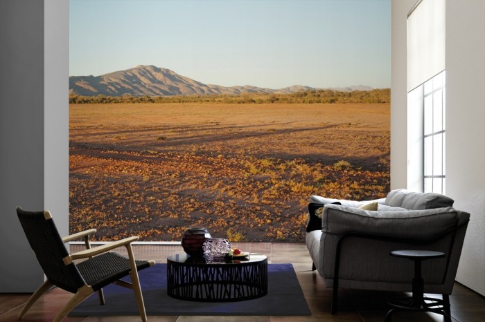 Im Wohnzimmer die Fototapete Australiens Wüste auf einer großen Wand tapeziert. Die Fototapete Australiens Wüste ist als Vlies-Fototapete im Wohnzimmer leicht zu tapezieren.