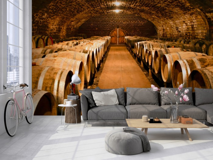 Die Fototapete Weinkeller, Gewölbekeller auf einer großen Wand im Loft tapeziert. Die Fototapete Weinkeller, Gewölbekeller wird individuell auf Deine Wand angepasst.
