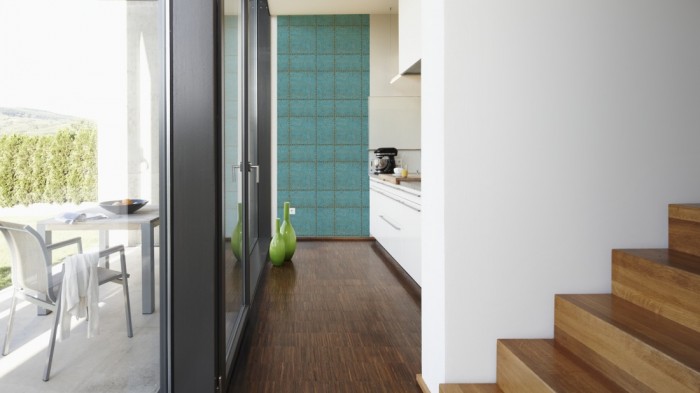 Ein Foto von dem Design-Fotopanel Vintage Struktur Türkis tapeziert in der Küche. Bestelle Deine Bildtapete online.