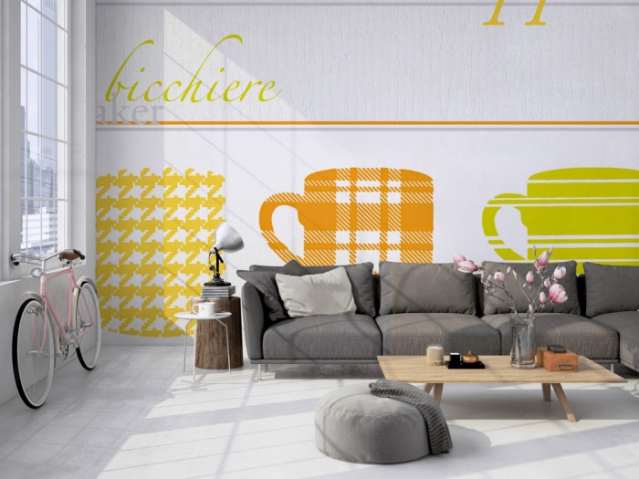 Die Design-Fototapete Tassen, Artwork auf einer großen Wand im Loft tapeziert. Die Design-Fototapete Tassen, Artwork wird individuell auf Deine Wand angepasst.