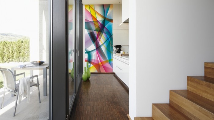 Ein Foto von dem 3D-Design-Fotopanel Farbwechsel Schleier, Artwork tapeziert in der Küche. Bestelle Deine Bildtapete online.