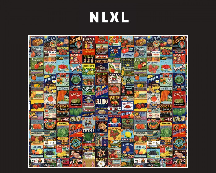 Flächenansicht der NLXL Tapete MRV-08 Crate Labels von Mr & Mrs Vintage.