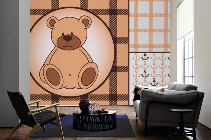 Im Wohnzimmer die Fototapete Bären-Boy, Patchwork-Design auf einer großen Wand tapeziert. Die Fototapete Bären-Boy, Patchwork-Design ist als Vlies-Fototapete im Wohnzimmer leicht zu tapezieren.