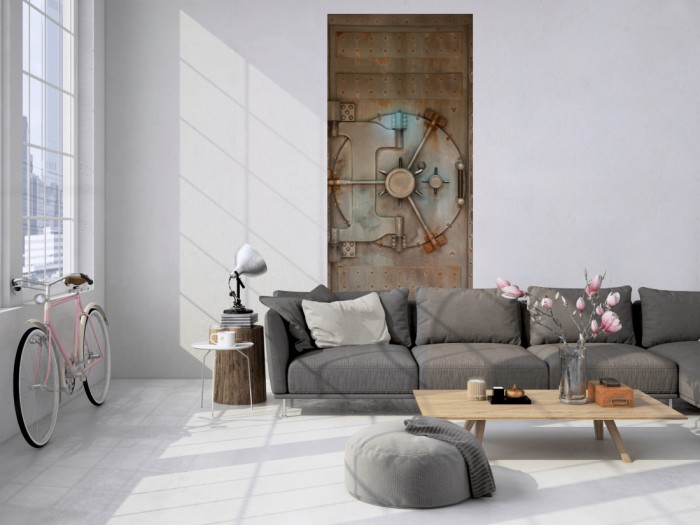 Das 3D Fotopanel Alte Tresortür tapeziert in einem Loft. Bestelle die Bildtapete für Deine Wand online.
