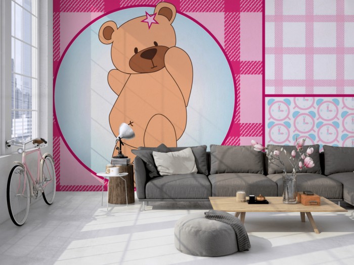 Die Fototapete Bären-Girl, Patchwork-Design auf einer großen Wand im Loft tapeziert. Die Fototapete Bären-Girl, Patchwork-Design wird individuell auf Deine Wand angepasst.