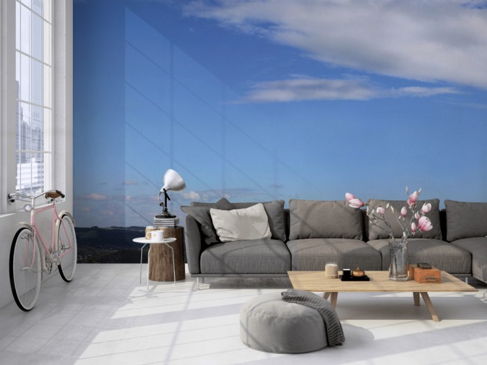 Die Fototapete Panorama Berglisches Land am Sommertag auf einer großen Wand im Loft tapeziert. Die Fototapete Panorama Berglisches Land am Sommertag wird individuell auf Deine Wand angepasst.