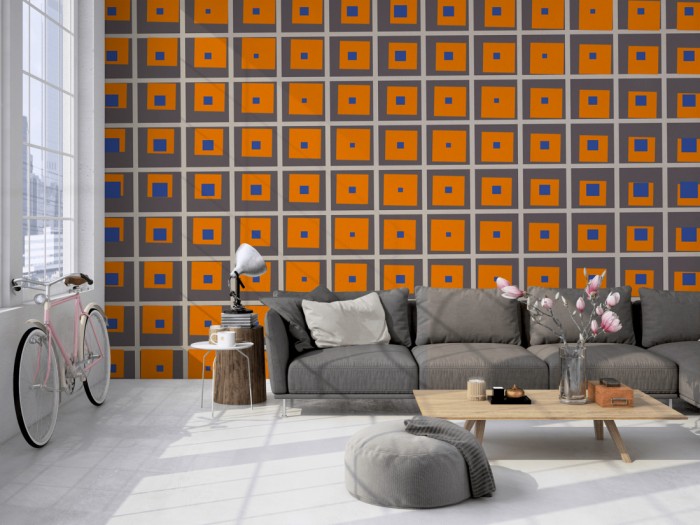 Die Design-Fototapete 3D-Geometrie Würfel X auf einer großen Wand im Loft tapeziert. Die Design-Fototapete 3D-Geometrie Würfel X wird individuell auf Deine Wand angepasst.