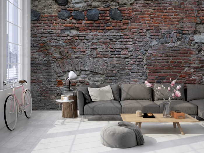 Die Fototapete Ziegel Wand, alte Stein Mauer auf einer großen Wand im Loft tapeziert. Die Fototapete Ziegel Wand, alte Stein Mauer wird individuell auf Deine Wand angepasst.