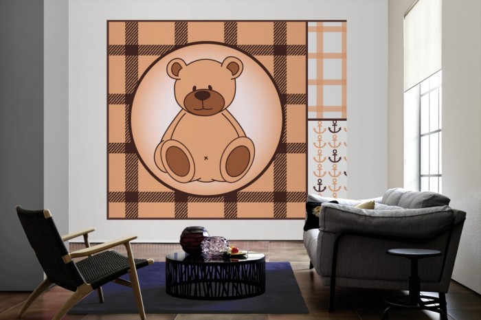Die Fototapete Bären-Boy, Patchwork-Design als große Bildtapete im Wohnzimmer. Als Bildtapete ist die Fototapete Bären-Boy, Patchwork-Design ein besonderes Highlight auf Vliestapete.