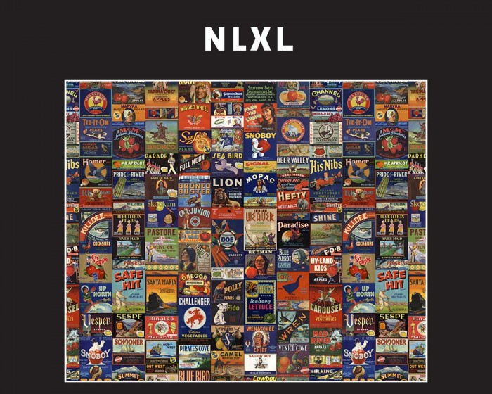 Flächenansicht der NLXL Tapete MRV-07 Crate Labels von Mr & Mrs Vintage.