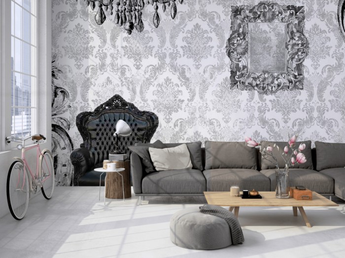 Die Design-Fototapete Barock Möbel, Artwork auf einer großen Wand im Loft tapeziert. Die Design-Fototapete Barock Möbel, Artwork wird individuell auf Deine Wand angepasst.