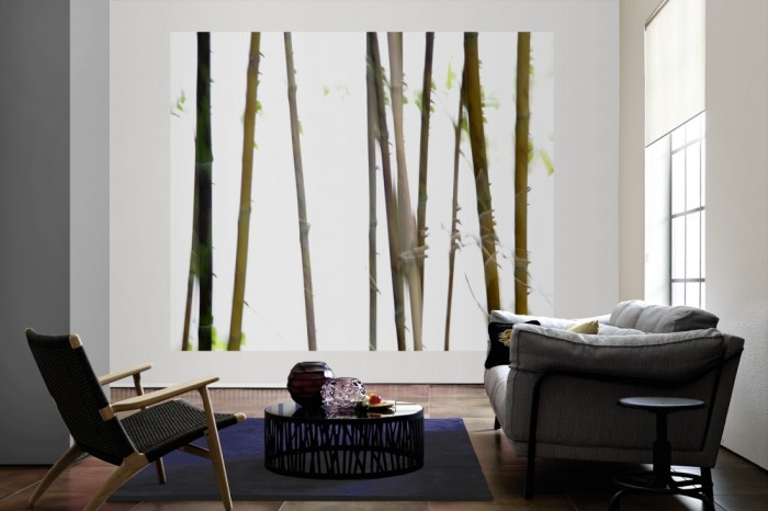 Die Fototapete Bambus überblendet als große Bildtapete im Wohnzimmer. Als Bildtapete ist die Fototapete Bambus überblendet ein besonderes Highlight auf Vliestapete.