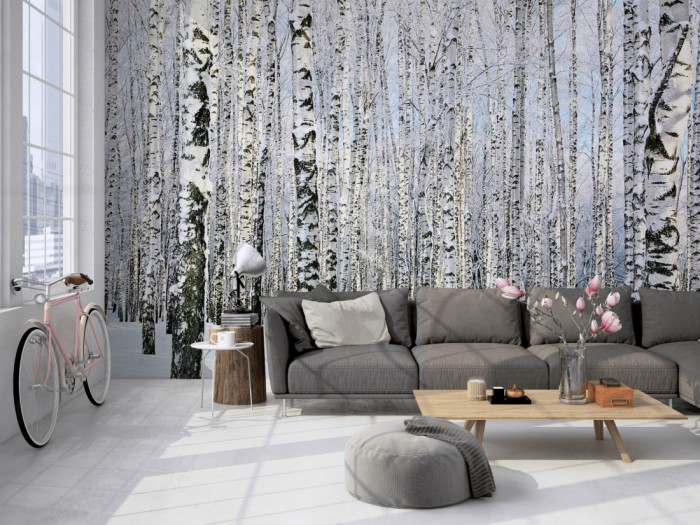 Die Fototapete Birkenwald im Schnee auf einer großen Wand im Loft tapeziert. Die Fototapete Birkenwald im Schnee wird individuell auf Deine Wand angepasst.