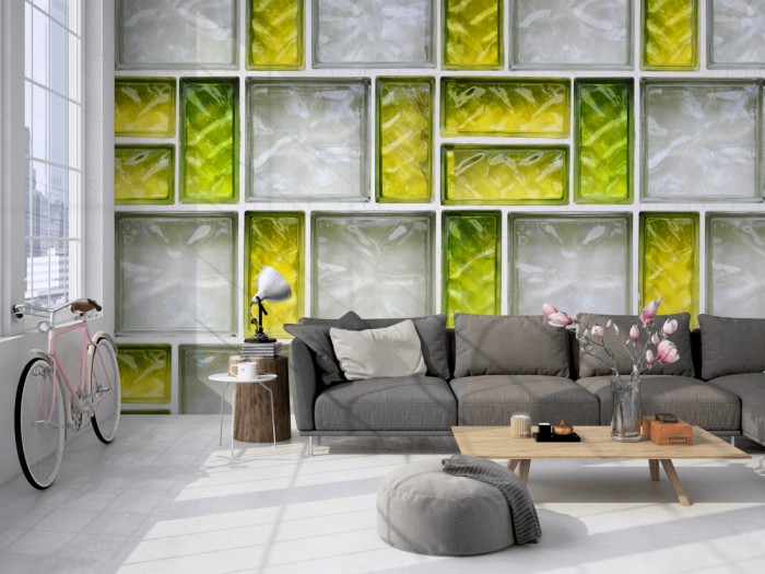 Die Fototapete Glasbausteine, weiß und grün auf einer großen Wand im Loft tapeziert. Die Fototapete Glasbausteine, weiß und grün wird individuell auf Deine Wand angepasst.