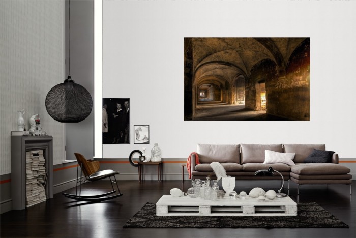 Die Fototapete Vintage Villa Gewölbegang, Lost Places als Wandbild im Wohnzimmer. Die Vlies-Fototapete Vintage Villa Gewölbegang, Lost Places verschönert als Wandbild Deine Wand.