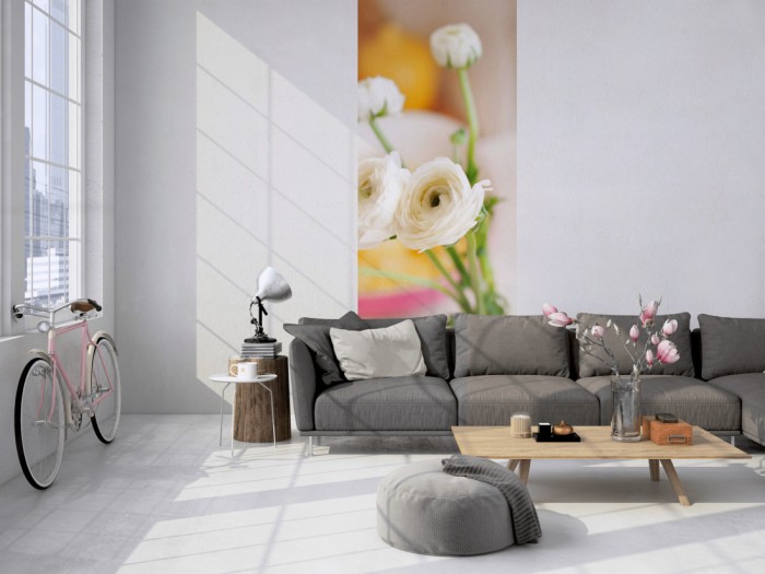 Das 3D-Fotopanel Weiße Wildrose tapeziert in einem Loft. Bestelle die Bildtapete für Deine Wand online.