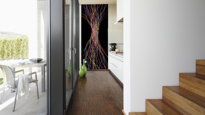 Ein Foto von dem 3D-Design-Fotopanel Gebundene Linen auf Schwarz, Artwork tapeziert in der Küche. Bestelle Deine Bildtapete online.