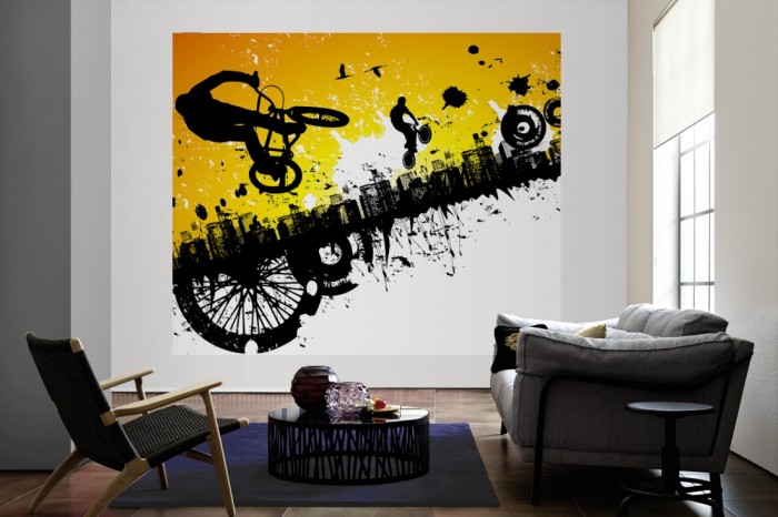 Die Design-Fototapete BMX Fahrer in der Stadt, Artwork für Kinder als große Bildtapete im Wohnzimmer. Als Bildtapete ist die Design-Fototapete BMX Fahrer in der Stadt, Artwork für Kinder ein besonderes Highlight auf Vliestapete.