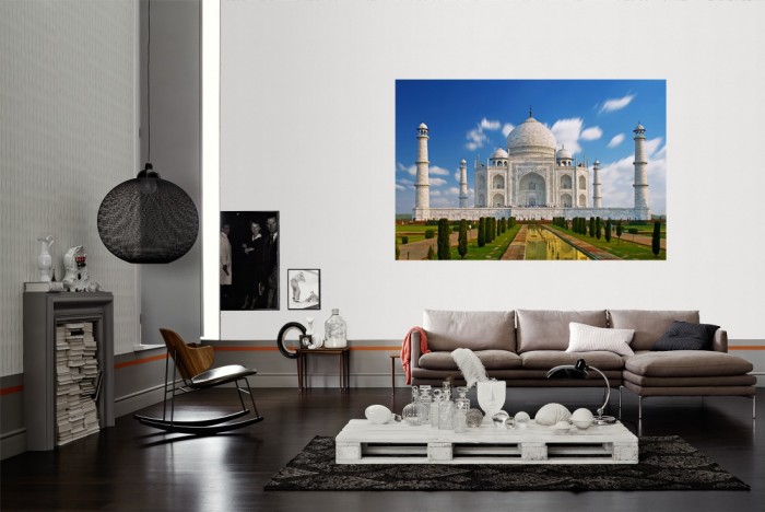 Die Fototapete Taj Mahal Mausoleum, Indien als Wandbild im Wohnzimmer. Die Vlies-Fototapete Taj Mahal Mausoleum, Indien verschönert als Wandbild Deine Wand.