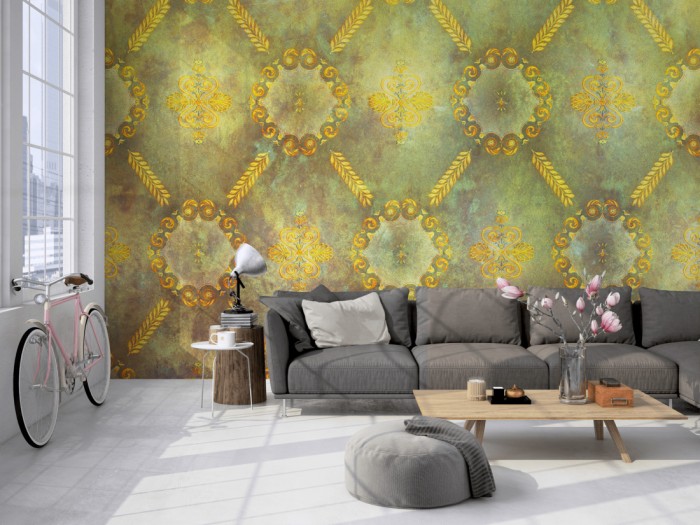 Die Designtapete Barock Ornament, Vintage Grün auf einer großen Wand im Loft tapeziert. Die Designtapete Barock Ornament, Vintage Grün wird individuell auf Deine Wand angepasst.