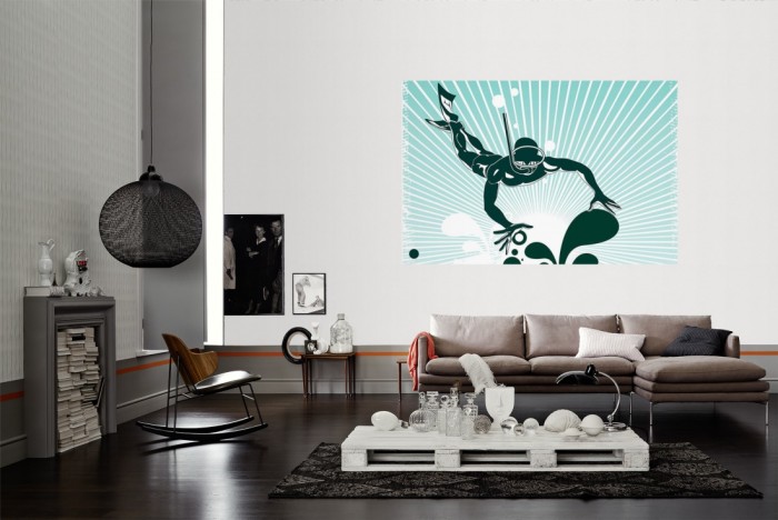 Die Design-Fototapete Taucher, Artwork als Wandbild im Wohnzimmer. Die Vlies-Design-Fototapete Taucher, Artwork verschönert als Wandbild Deine Wand.