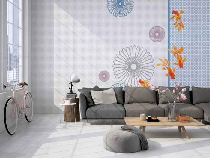 Die Design-Fototapete Fische im Aquarium, Artwork auf einer großen Wand im Loft tapeziert. Die Design-Fototapete Fische im Aquarium, Artwork wird individuell auf Deine Wand angepasst.