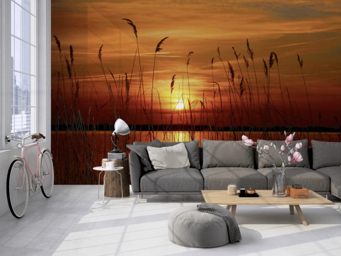 Die Fototapete Seeufer im Sonnenuntergang auf einer großen Wand im Loft tapeziert. Die Fototapete Seeufer im Sonnenuntergang wird individuell auf Deine Wand angepasst.