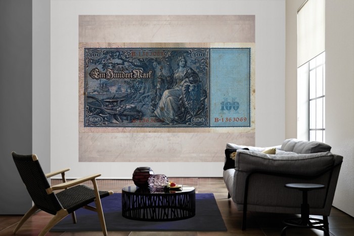 Die Fototapete Alter Geldschein, 100 Mark ca. 1908 als große Bildtapete im Wohnzimmer. Als Bildtapete ist die Fototapete Alter Geldschein, 100 Mark ca. 1908 ein besonderes Highlight auf Vliestapete.