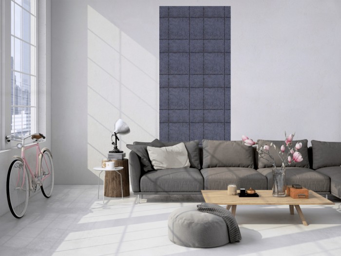 Das Design-Fotopanel Vintage Struktur Blau-Grau tapeziert in einem Loft. Bestelle die Bildtapete für Deine Wand online.