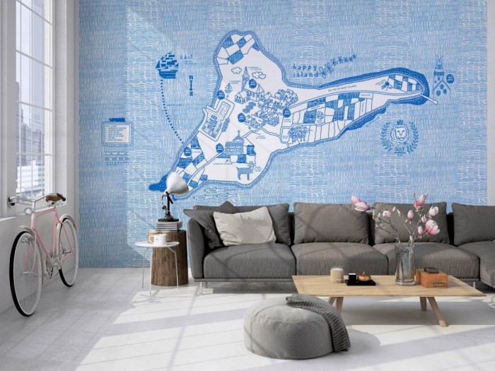 Die Fototapete Insel im Meer, Oilily Kids auf einer großen Wand im Loft tapeziert. Die Fototapete Insel im Meer, Oilily Kids wird individuell auf Deine Wand angepasst.