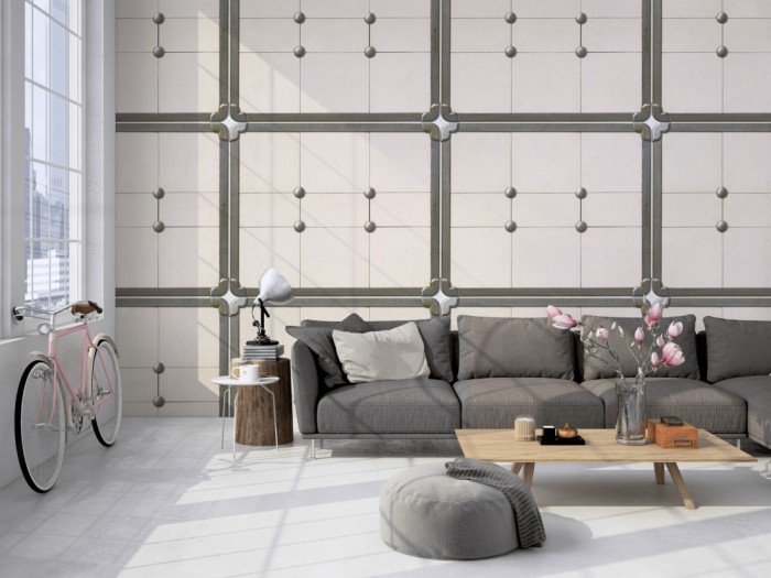 Die Fototapete Fliesen im Metallrahmen auf einer großen Wand im Loft tapeziert. Die Fototapete Fliesen im Metallrahmen wird individuell auf Deine Wand angepasst.