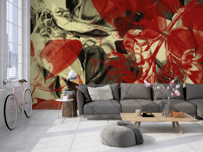 Die Designer-Fototapete Botanischer Garten, Artwork by Mylumi auf einer großen Wand im Loft tapeziert. Die Designer-Fototapete Botanischer Garten, Artwork by Mylumi wird individuell auf Deine Wand angepasst.