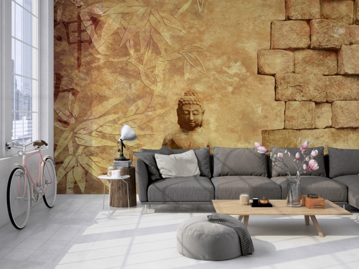 Die Design-Fototapete Stein Wand mit Buddha, Artwork auf einer großen Wand im Loft tapeziert. Die Design-Fototapete Stein Wand mit Buddha, Artwork wird individuell auf Deine Wand angepasst.