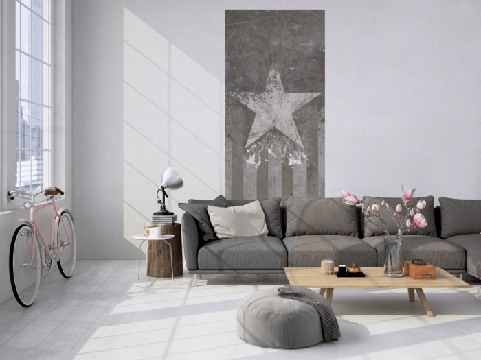 Das Design-Fotopanel New York, Star & Stripes Light von Michalsky tapeziert in einem Loft. Bestelle die Bildtapete für Deine Wand online.
